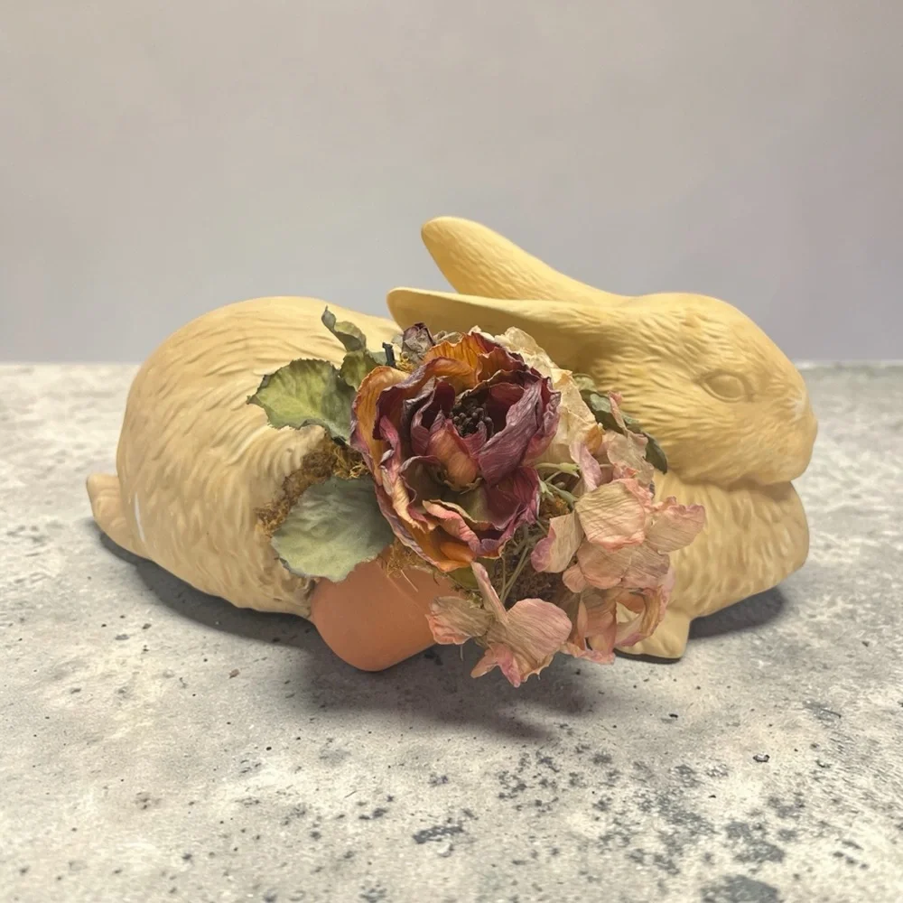 Neutral Ceramic Bunny Figurine with Pink and Green Dried Floral Accent